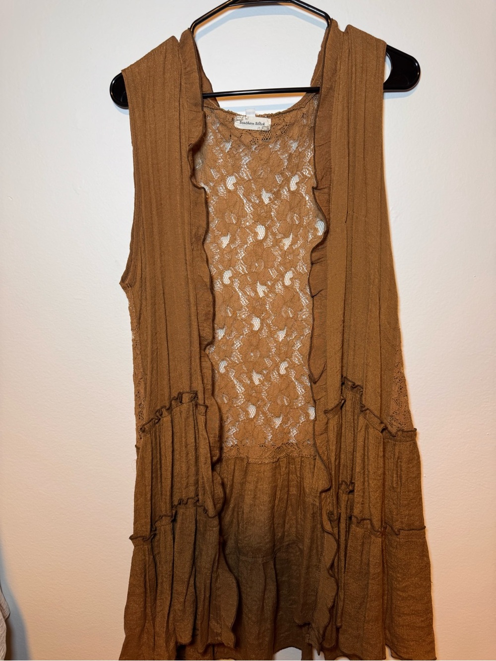 Boho Ruffle Lace Open Front Dress - Camel Brown